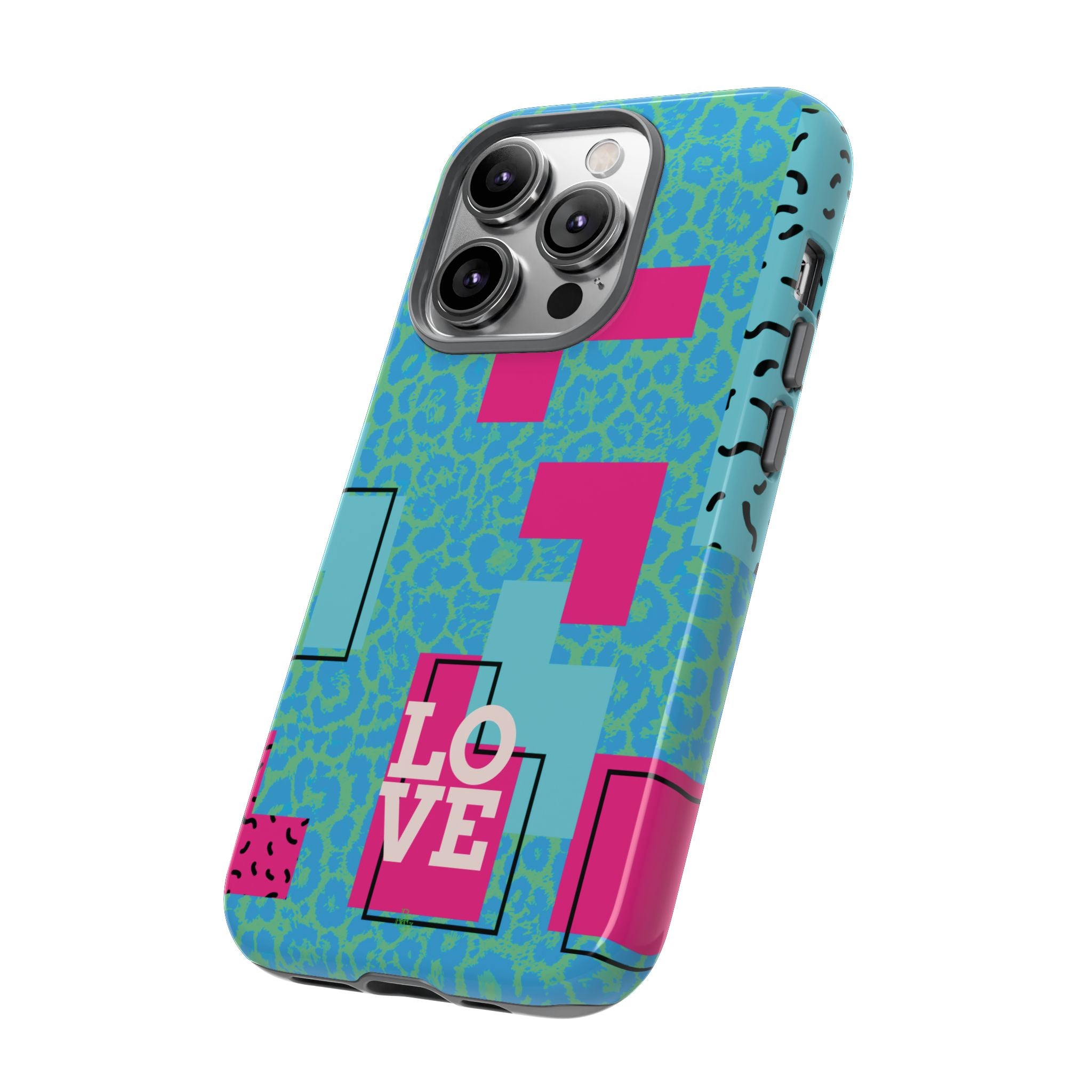 LOVE Aqua Blue Leopard RG Tough Phone Case iPhone, Galaxy, or Google Pixel