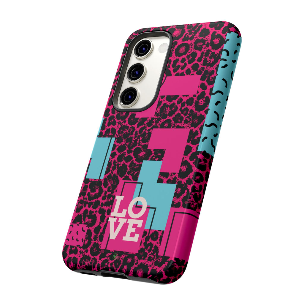 Pink Love Retro Blocks Leopard RG Tough Phone Case for iPhone, Galaxy, or Google Pixel