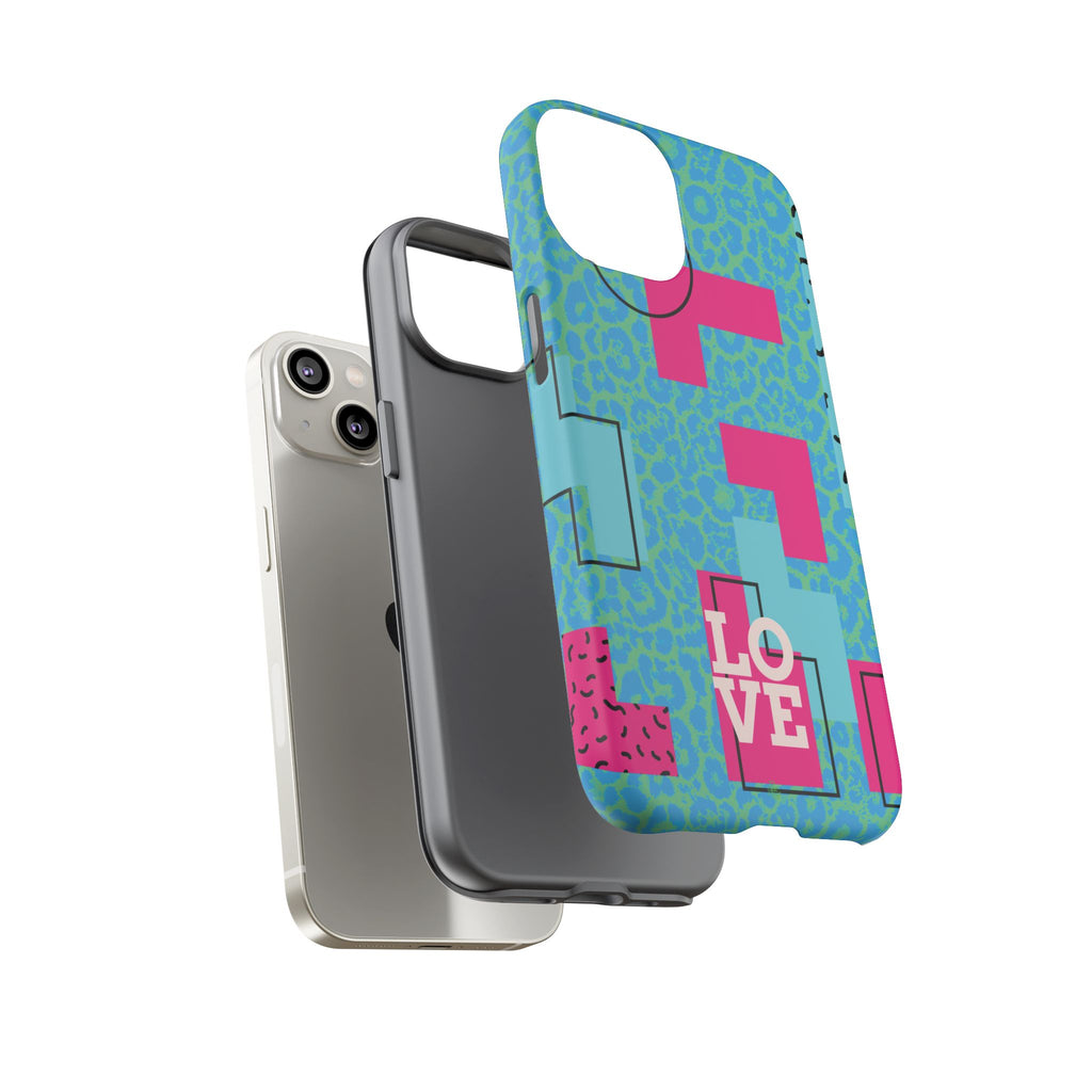 LOVE Aqua Blue Leopard RG Tough Phone Case iPhone, Galaxy, or Google Pixel