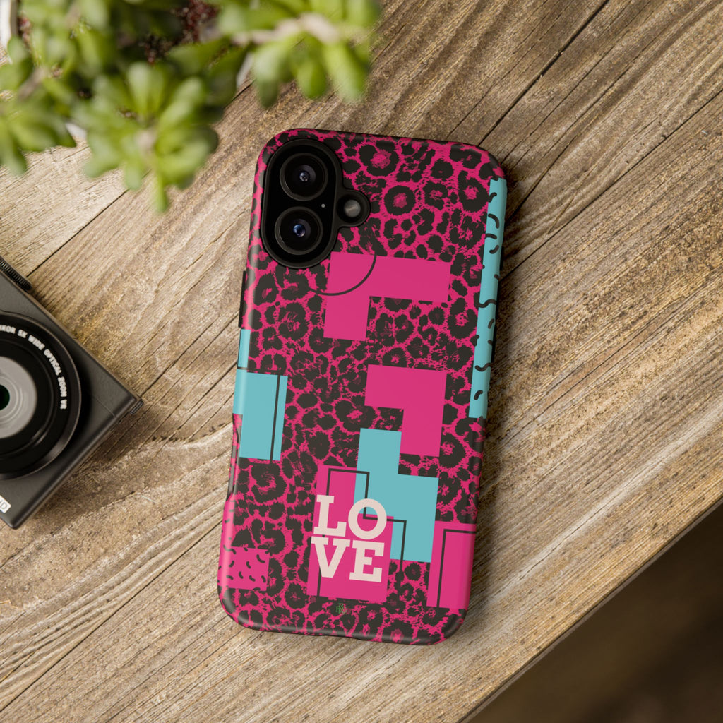 Pink Love Retro Blocks Leopard RG Tough Phone Case for iPhone, Galaxy, or Google Pixel