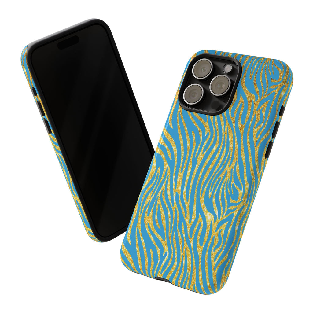 Blue Gold Zebra Tough Case for iPhone, Galaxy, or Google Pixel