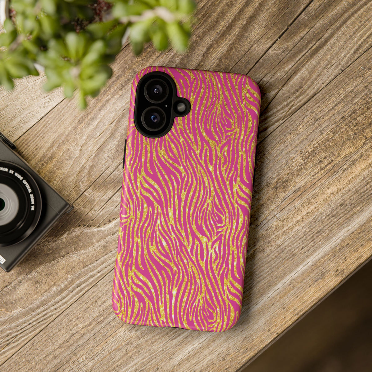 Pink Gold Zebra Print Tough Case for iPhone, Galaxy, or Google Pixel