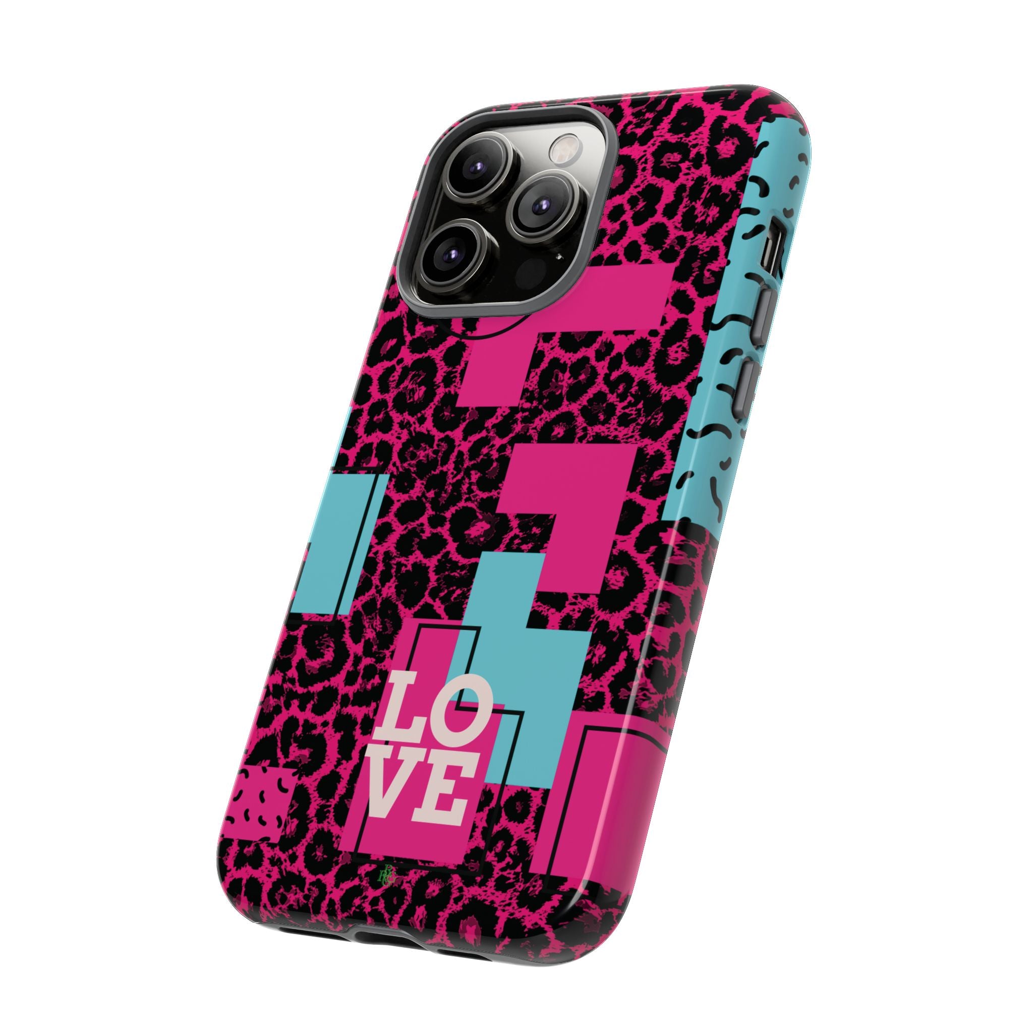 Pink Love Retro Blocks Leopard RG Tough Phone Case for iPhone, Galaxy, or Google Pixel