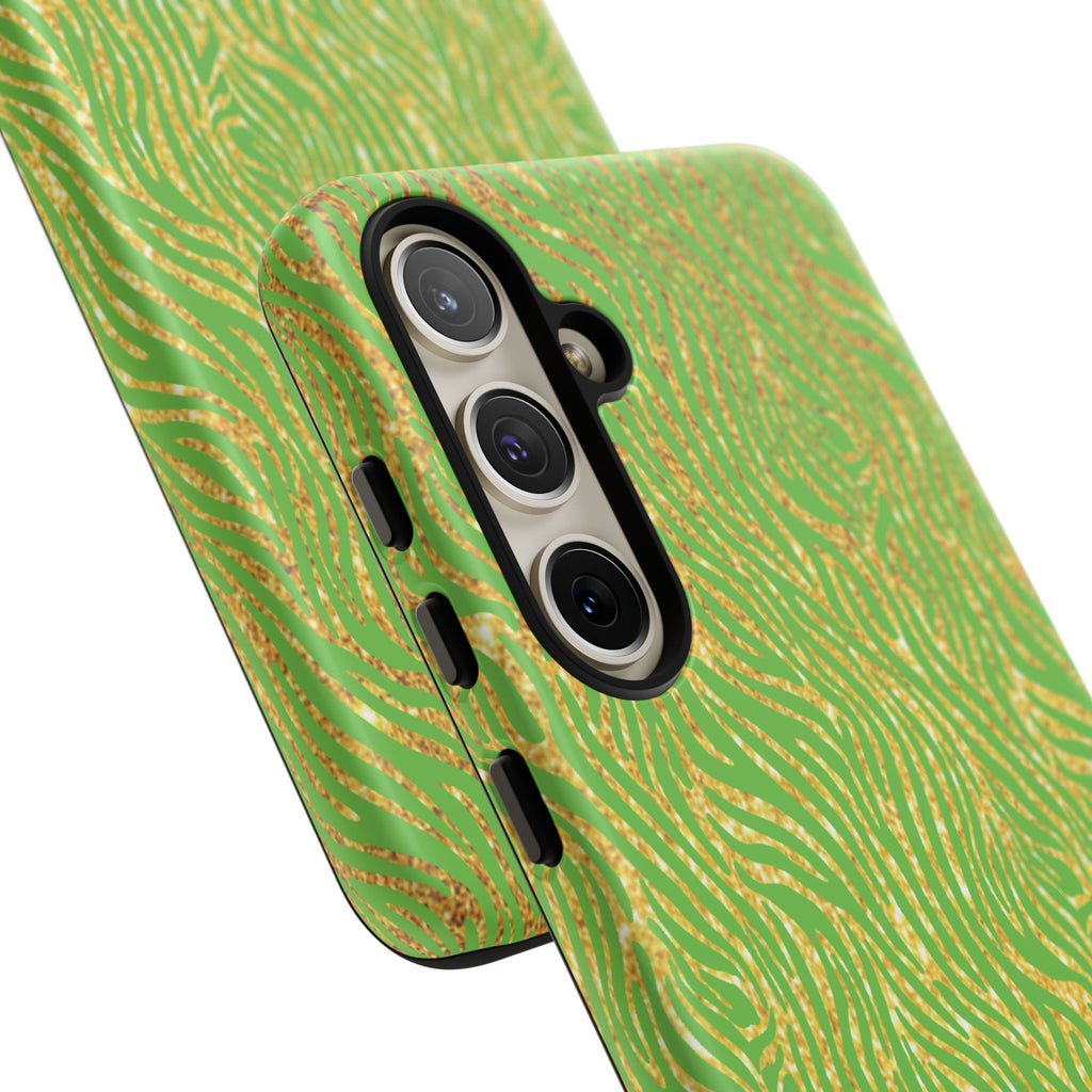 Neon Green Gold Zebra Tough Phone Case for iPhone, Galaxy, or Google Pixel