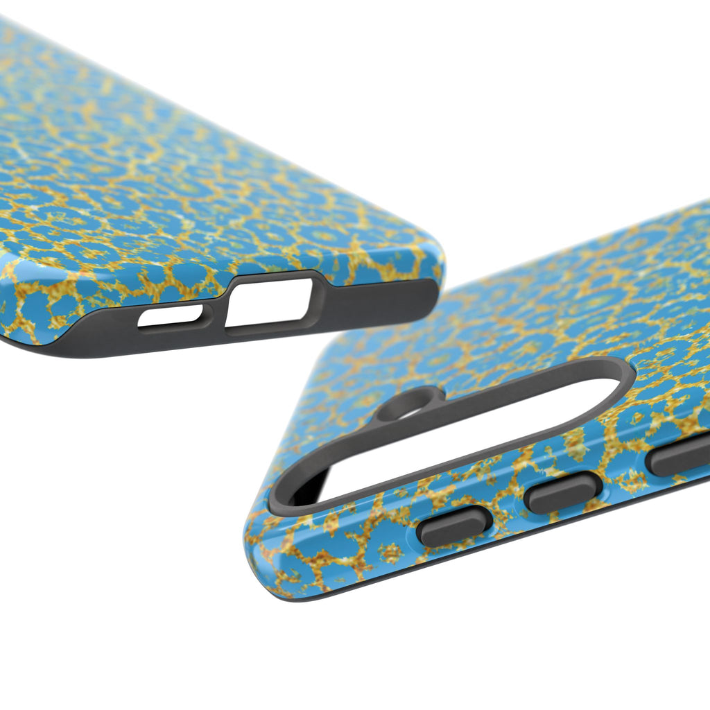 Blue Gold Leopard Tough Phone Case for iPhone, Galaxy, or Google Pixel