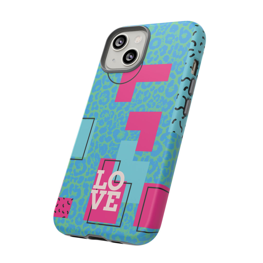 LOVE Aqua Blue Leopard RG Tough Phone Case iPhone, Galaxy, or Google Pixel