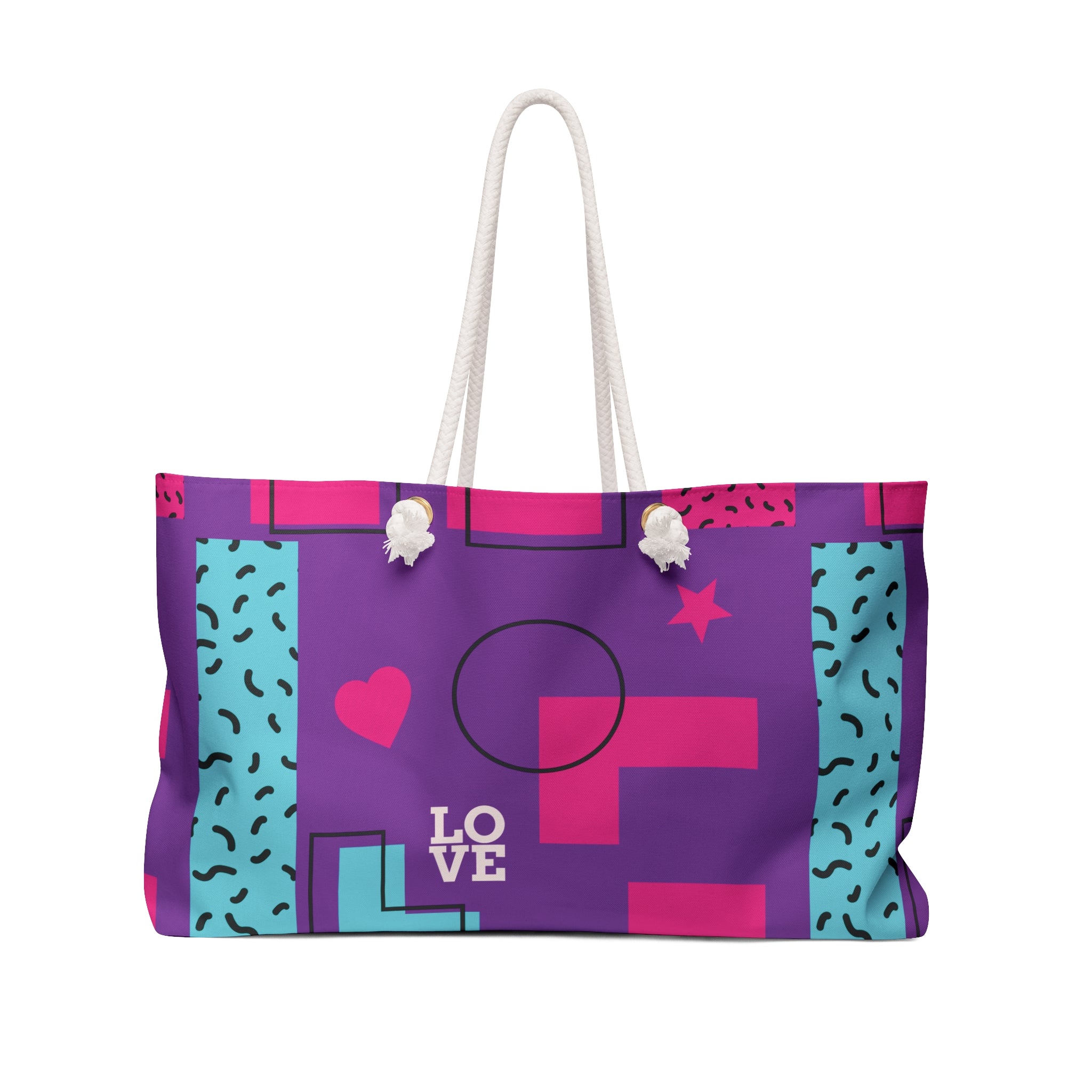 LOVE Retro Blocks Purple Eco-Friendly Weekender Bag, Travel Tote, Beach Bag