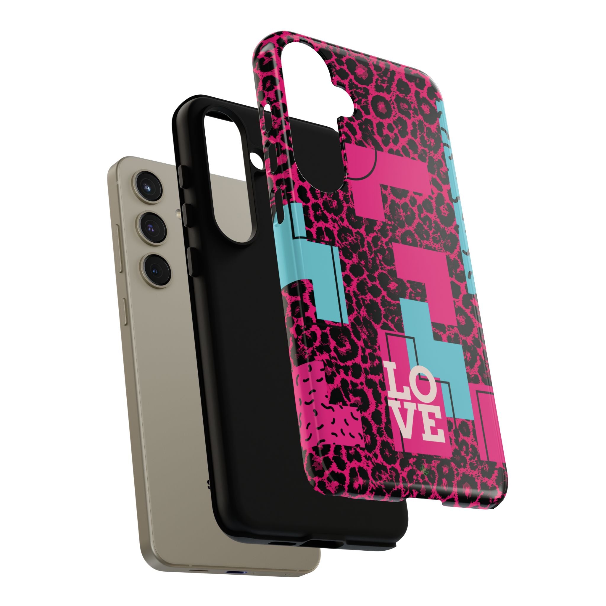 Pink Love Retro Blocks Leopard RG Tough Phone Case for iPhone, Galaxy, or Google Pixel