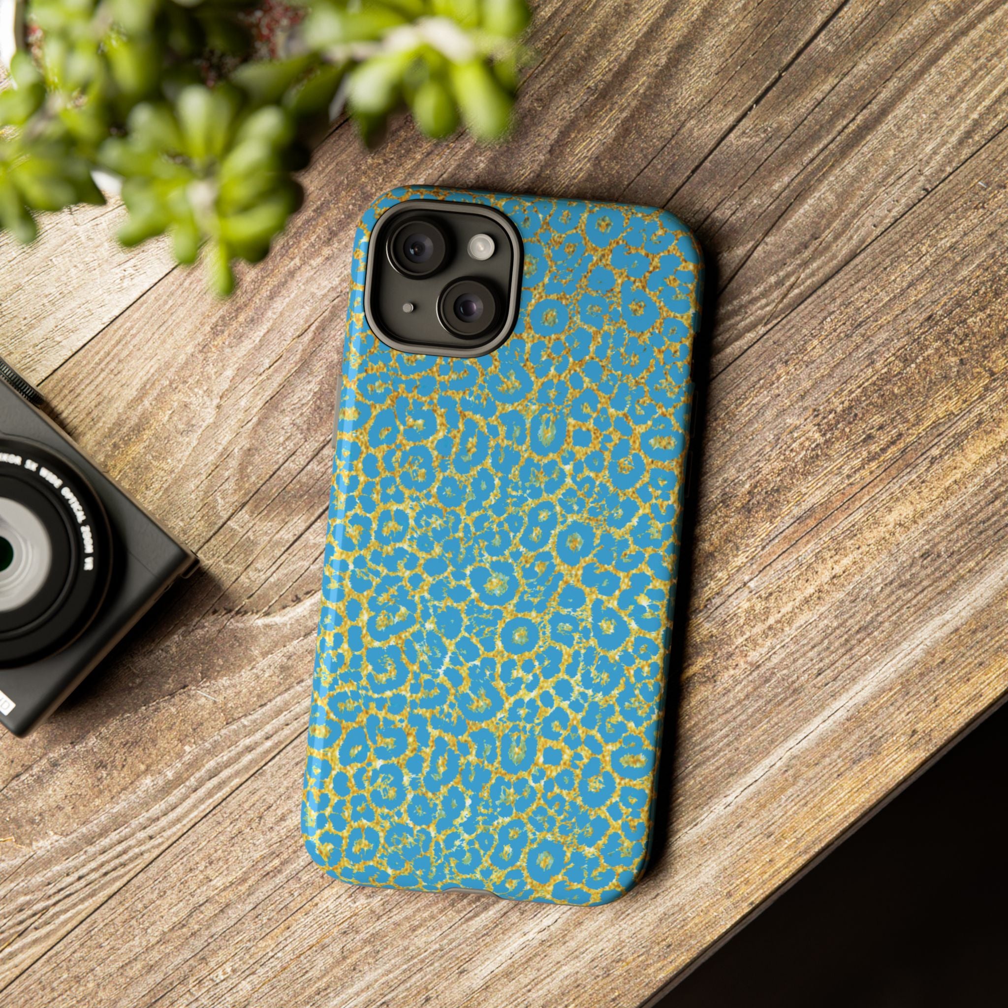 Blue Gold Leopard Tough Phone Case for iPhone, Galaxy, or Google Pixel