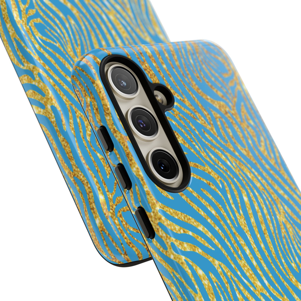 Blue Gold Zebra Tough Case for iPhone, Galaxy, or Google Pixel