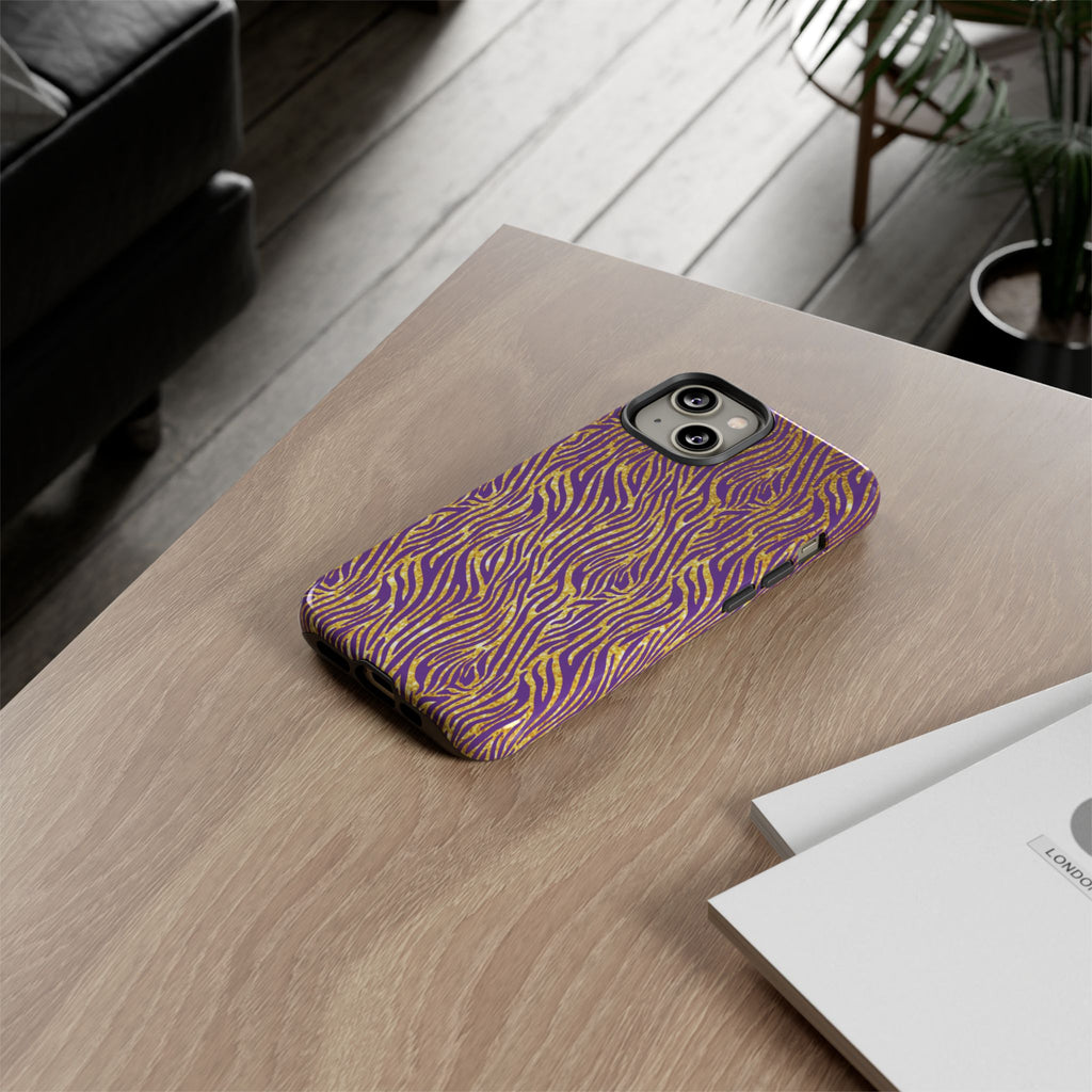 Vibrant Purple Gold Zebra Tough Phone Case iPhone, Galaxy, or Google Pixel