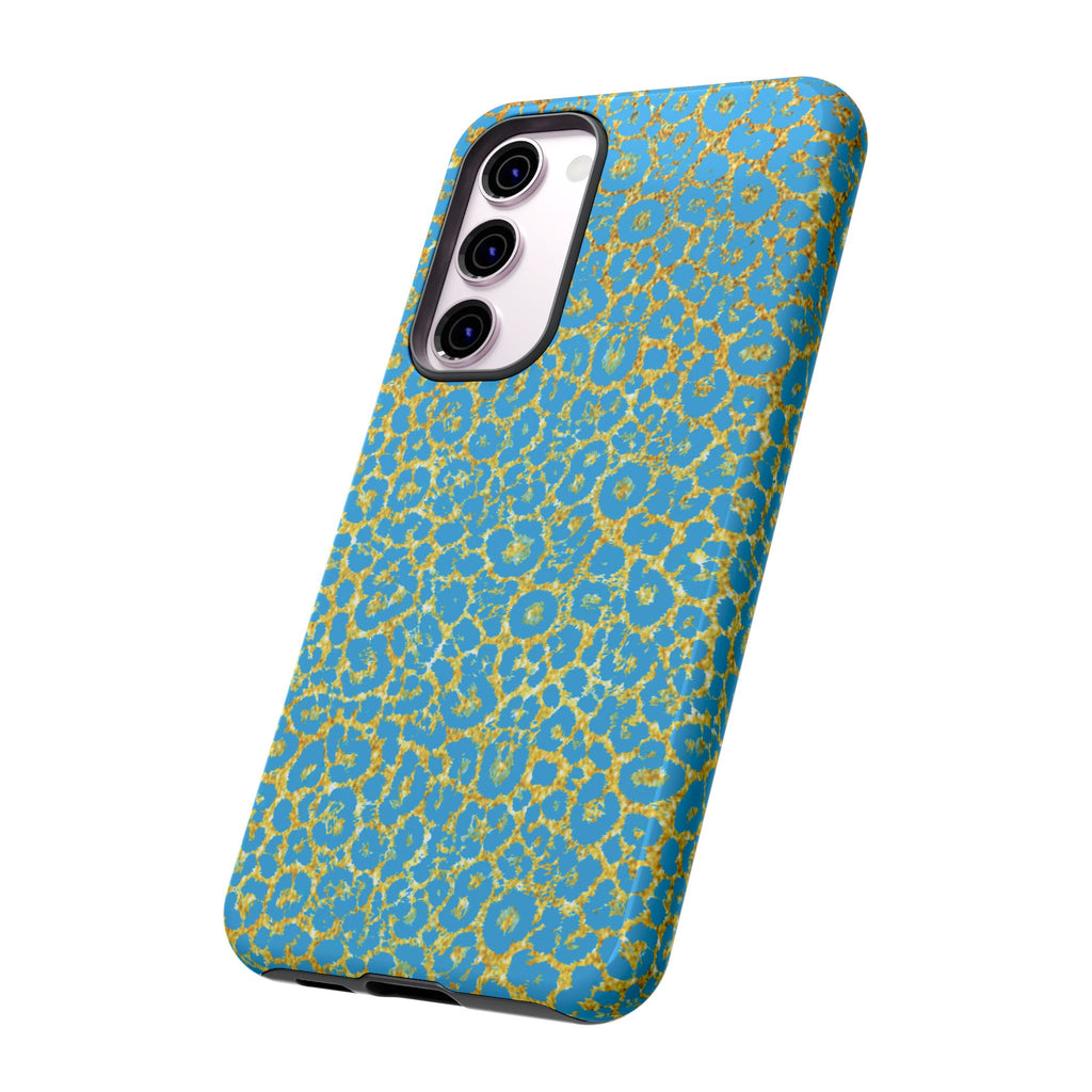Blue Gold Leopard Tough Phone Case for iPhone, Galaxy, or Google Pixel
