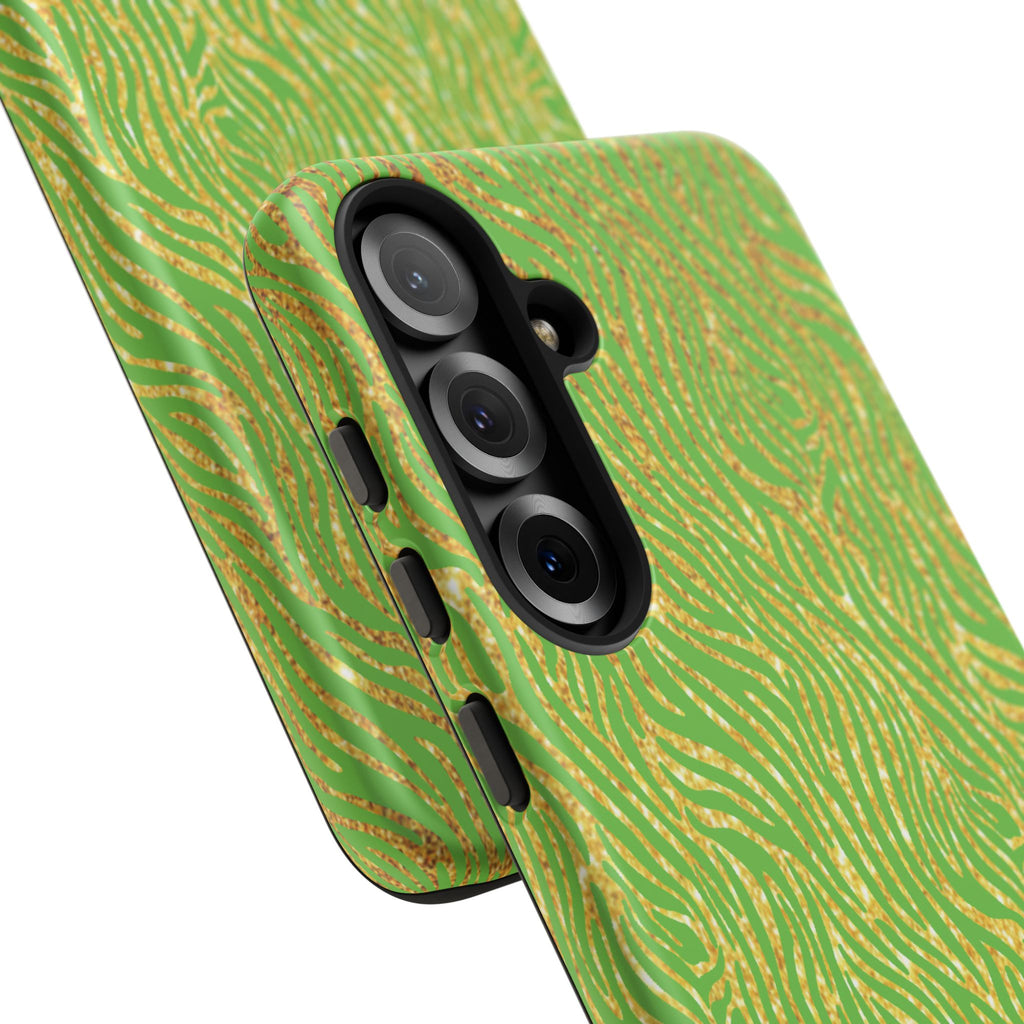 Neon Green Gold Zebra Tough Phone Case for iPhone, Galaxy, or Google Pixel