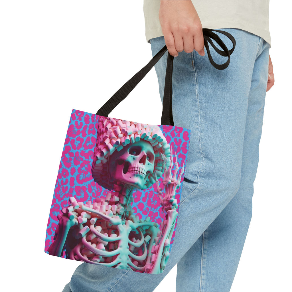 Skeleton Neon Pink Leopard Blue Tote Bag