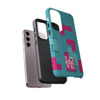 LOVE Aqua Blue Leopard RG Tough Phone Case iPhone, Galaxy, or Google Pixel