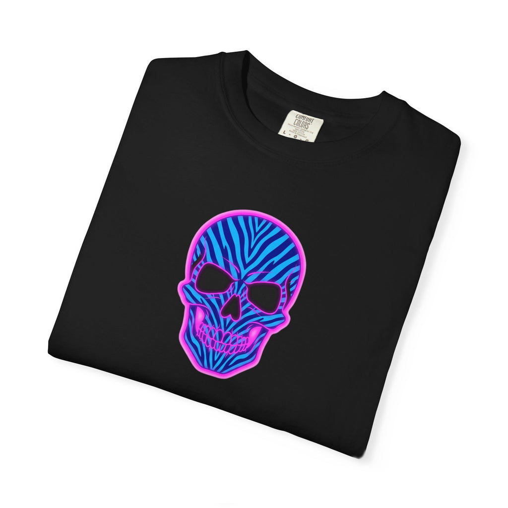 Neon Blue and Purple Zebra Print Skull Unisex Garment-Dyed T-shirt