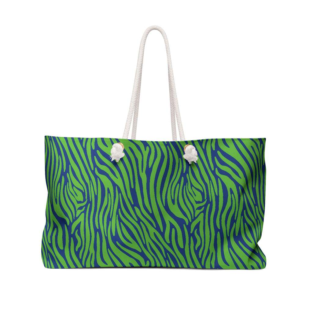 Neon Green Blue Zebra Eco Friendly Weekender Bag, Travel Tote, Beach Bag