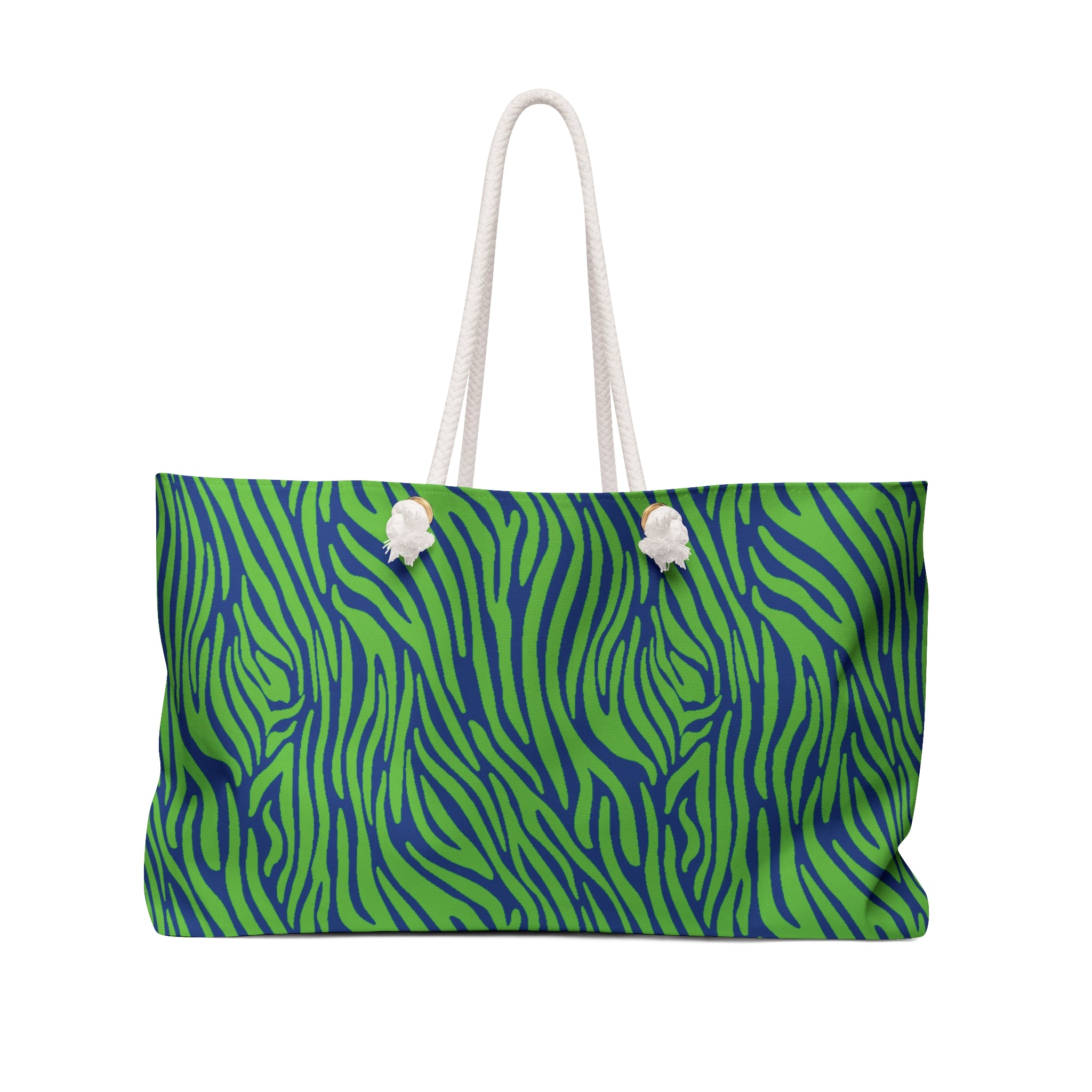 Neon Green Blue Zebra Eco Friendly Weekender Bag, Travel Tote, Beach Bag