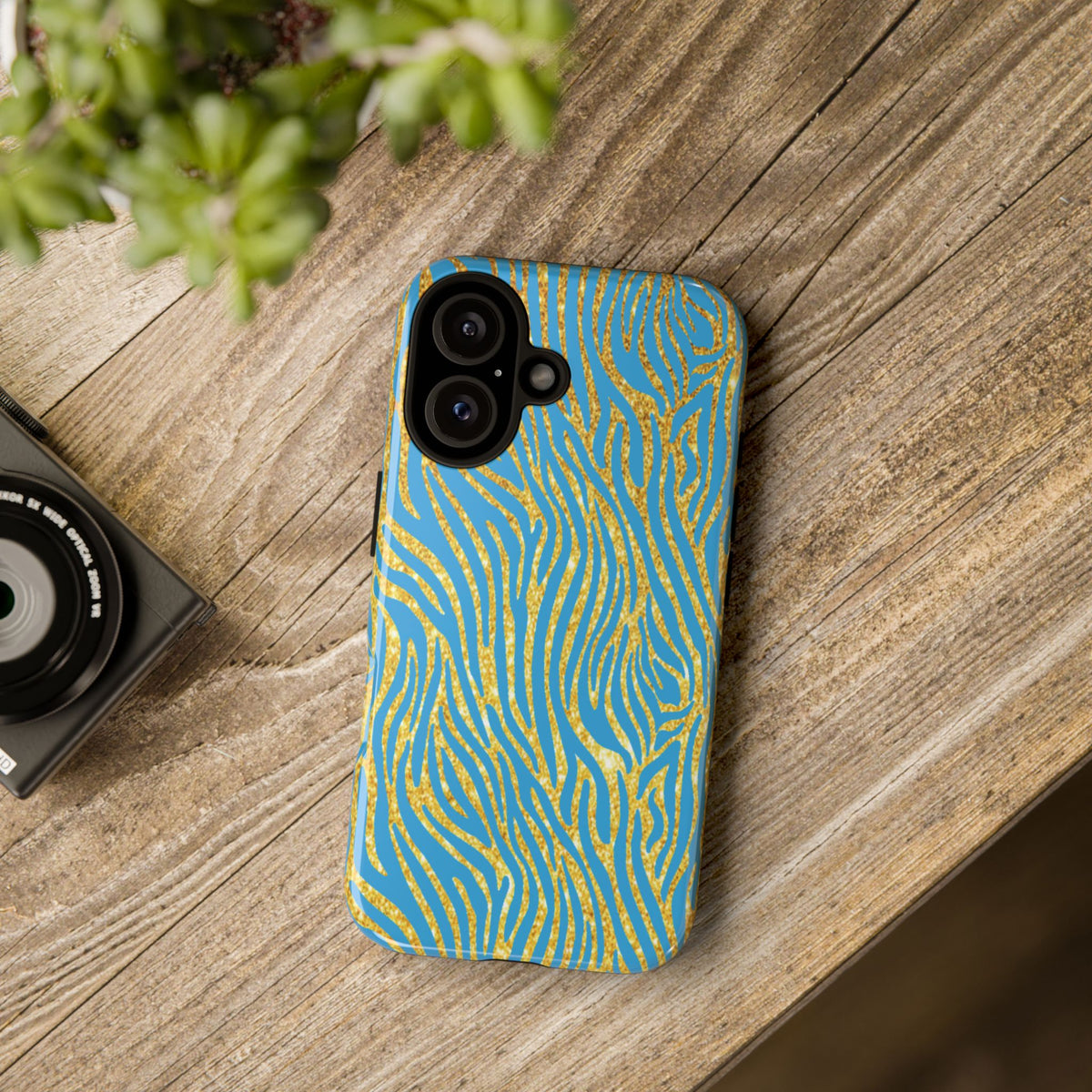 Blue Gold Zebra Tough Case for iPhone, Galaxy, or Google Pixel