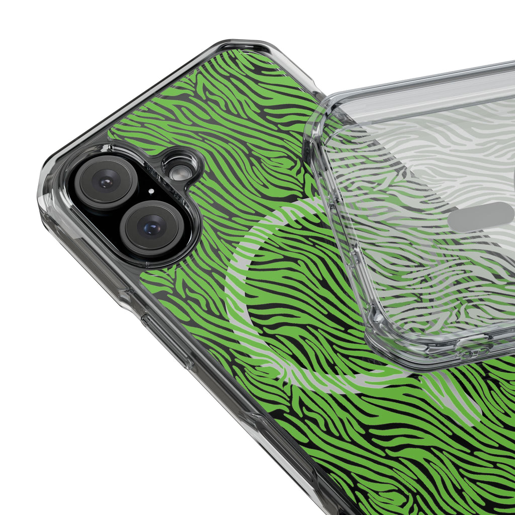 Neon Green Zebra Magnetic iPhone 14, 15, 16 Series Clear Impact Cases