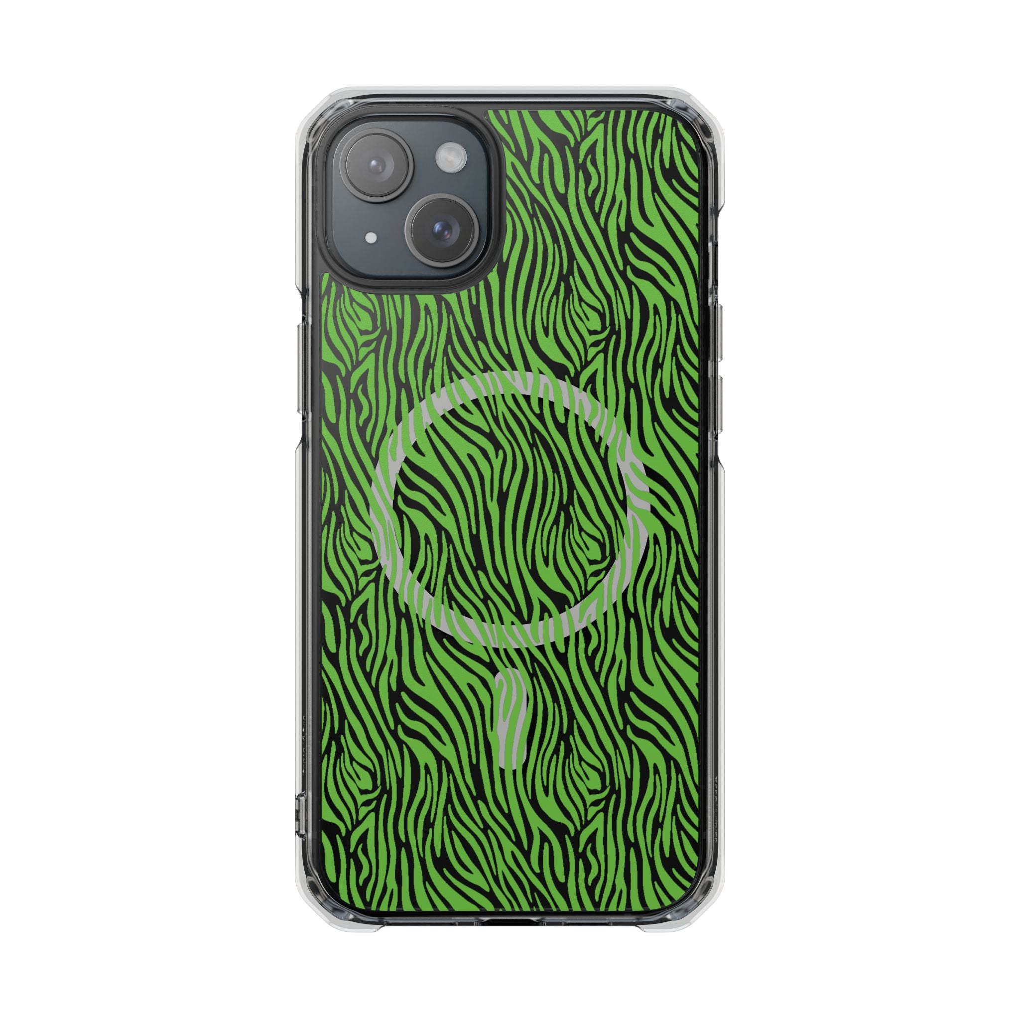 Neon Green Zebra Magnetic iPhone 14, 15, 16 Series Clear Impact Cases