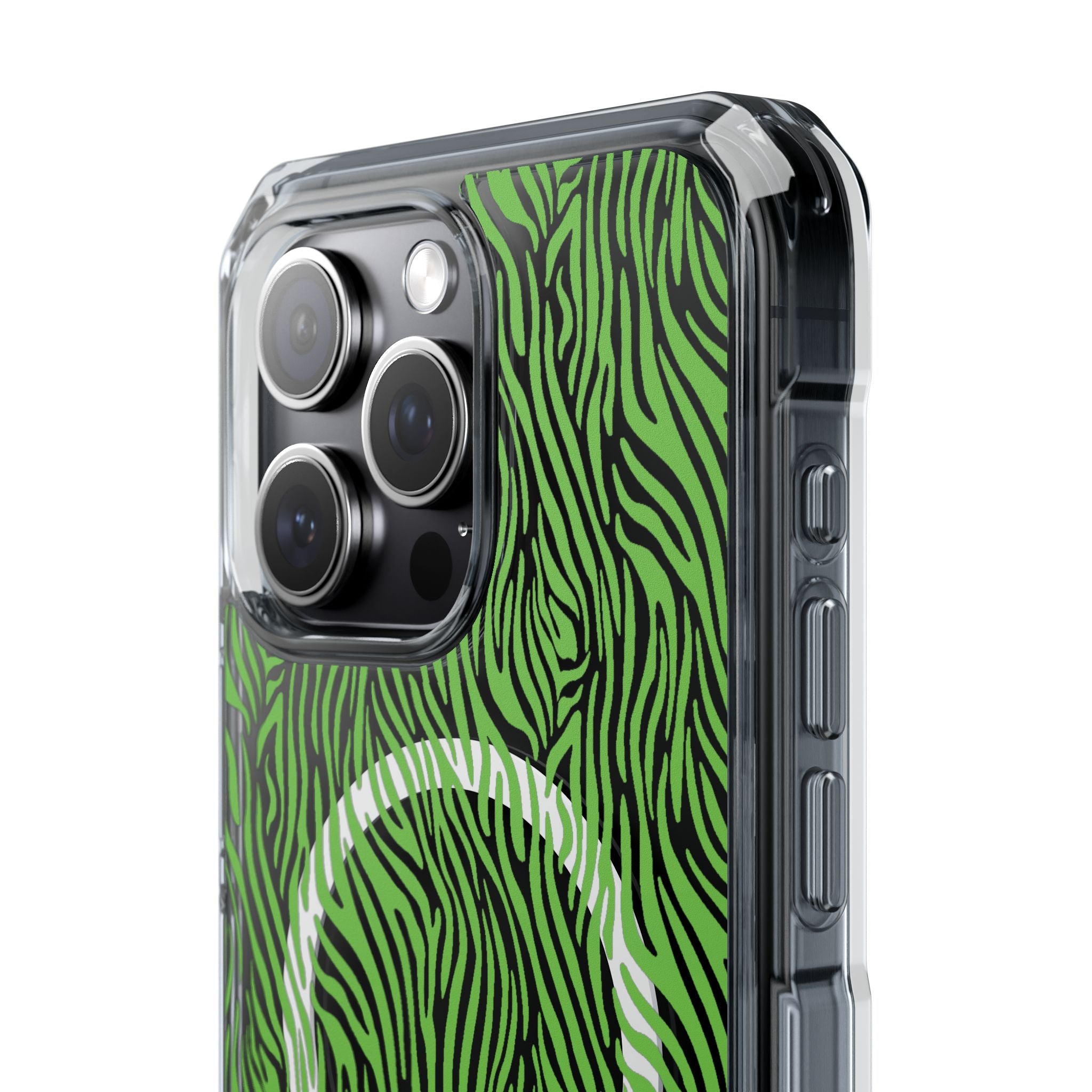 Neon Green Zebra Magnetic iPhone 14, 15, 16 Series Clear Impact Cases