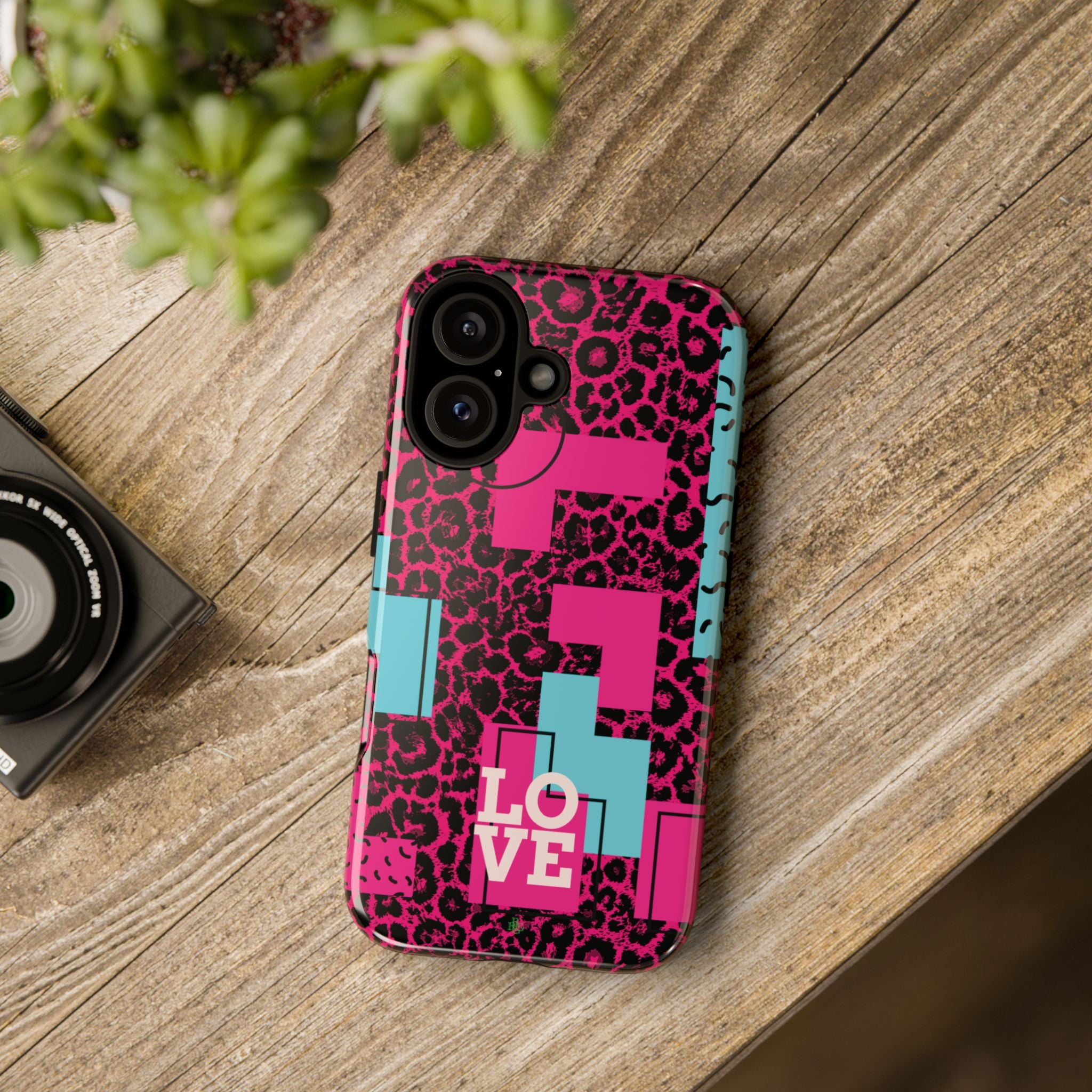Pink Love Retro Blocks Leopard RG Tough Phone Case for iPhone, Galaxy, or Google Pixel