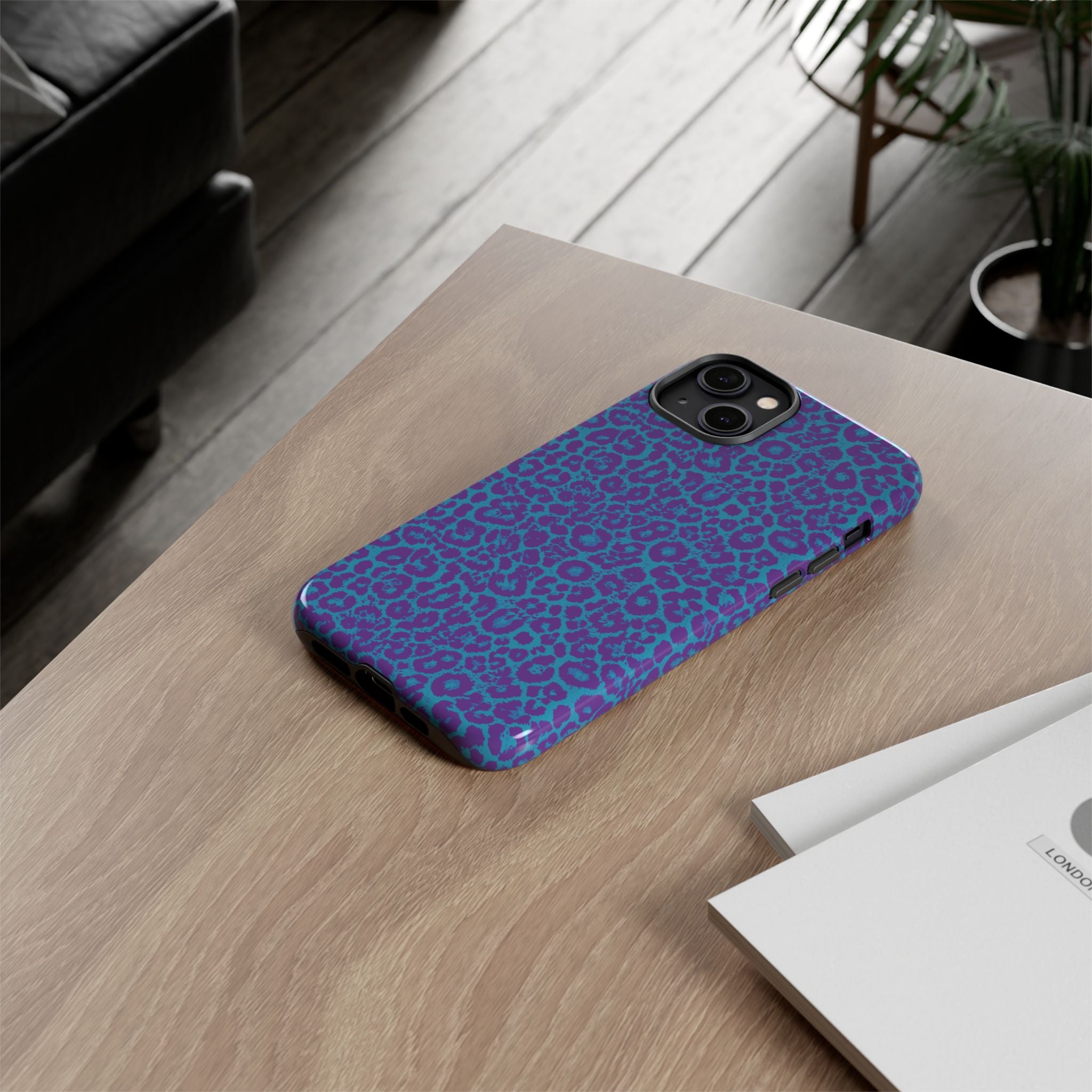 Leopard Printed Purple Blue Tough Phone Case for iPhone, Galaxy, or Google Pixel