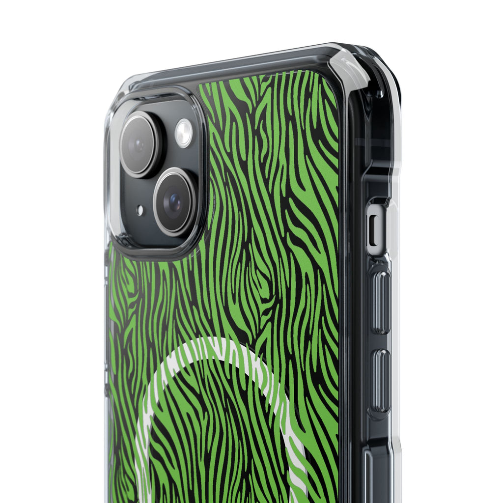 Neon Green Zebra Magnetic iPhone 14, 15, 16 Series Clear Impact Cases