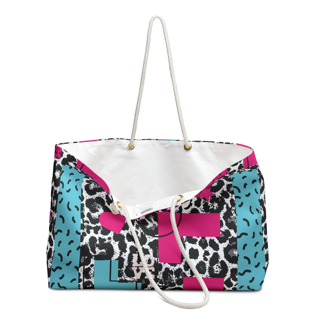 LOVE Retro Blocks Leopard EcoFriendly Weekender Bag, Travel Tote, Beach Bag