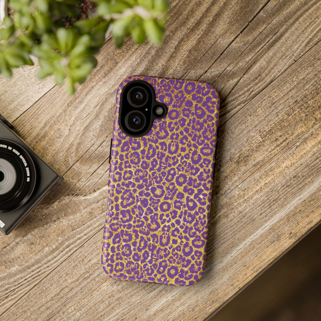 Purple Gold Leopard Tough Phone Case for iPhone, Galaxy, or Google Pixel