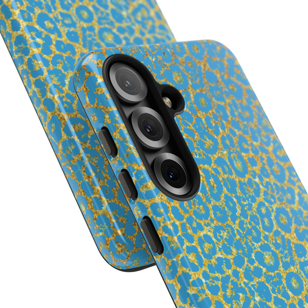 Blue Gold Leopard Tough Phone Case for iPhone, Galaxy, or Google Pixel