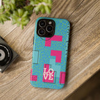 LOVE Aqua Blue Leopard RG Tough Phone Case iPhone, Galaxy, or Google Pixel