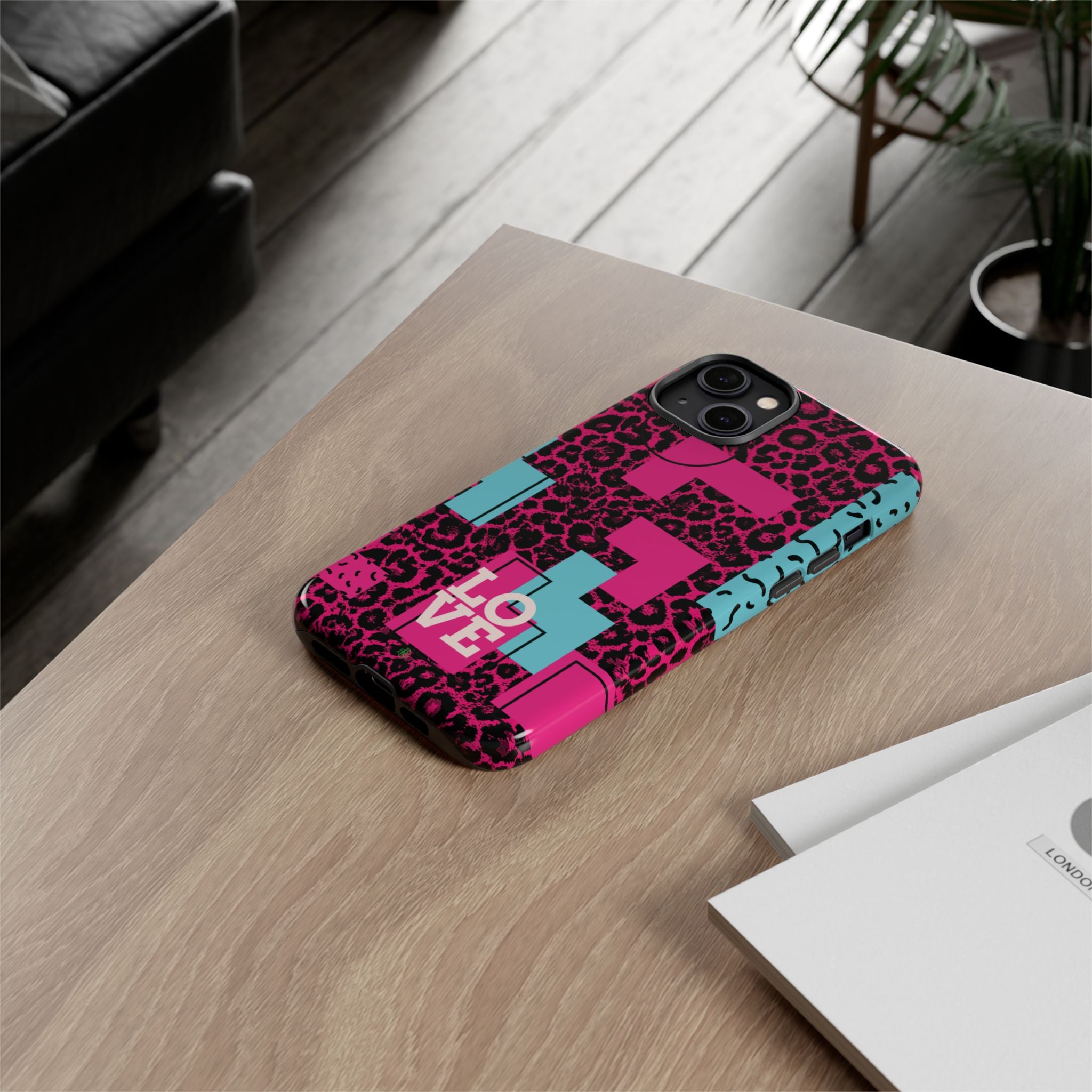 Pink Love Retro Blocks Leopard RG Tough Phone Case for iPhone, Galaxy, or Google Pixel