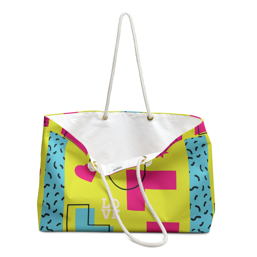 LOVE Retro Blocks Neon Y Eco-Friendly Weekender Bag, Travel Tote, Beach Bag