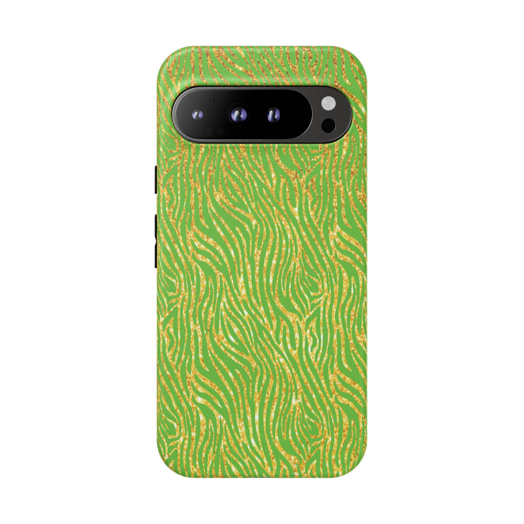 Neon Green Gold Zebra Tough Phone Case for iPhone, Galaxy, or Google Pixel