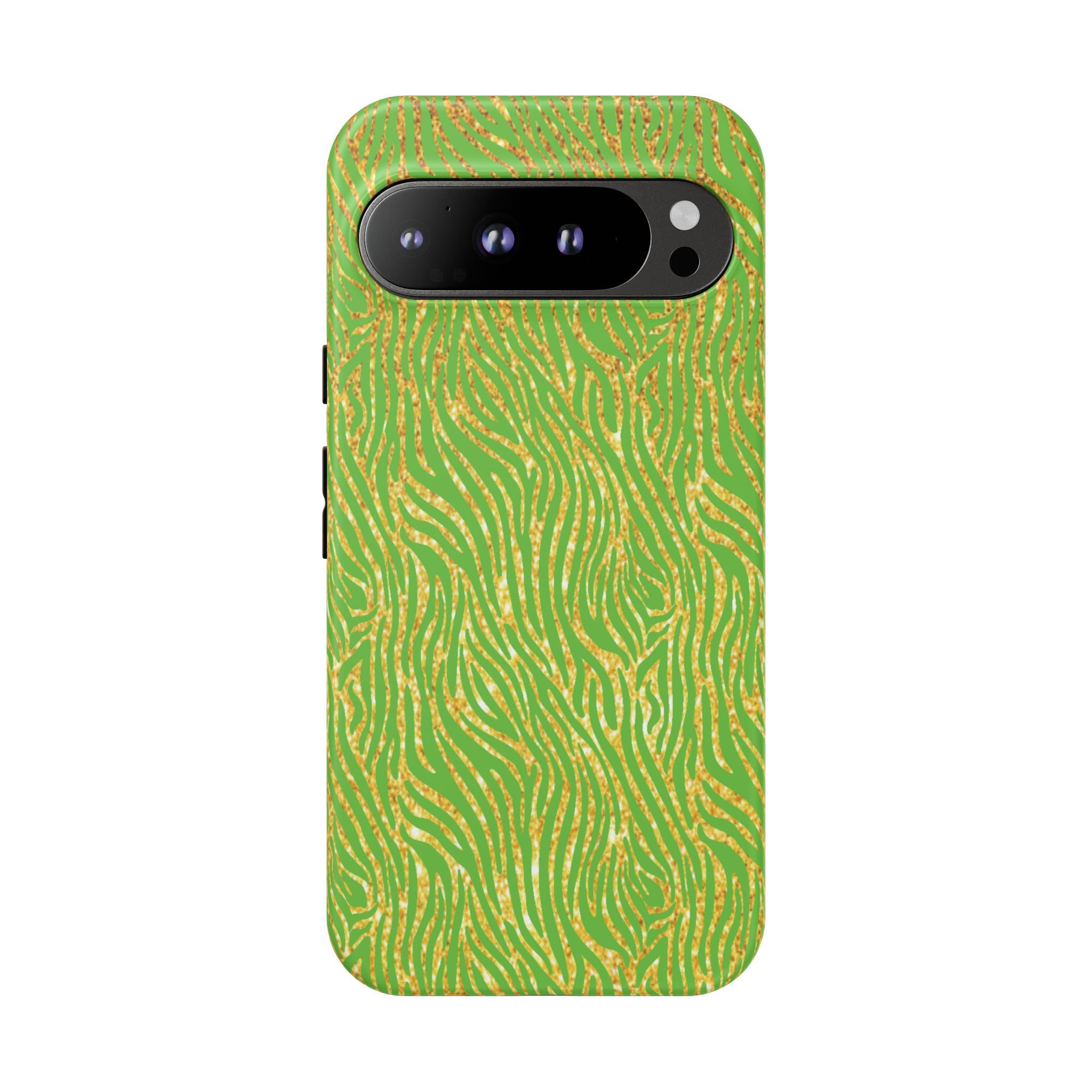 Neon Green Gold Zebra Tough Phone Case for iPhone, Galaxy, or Google Pixel