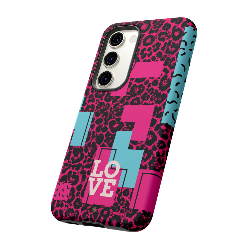 Pink Love Retro Blocks Leopard RG Tough Phone Case for iPhone, Galaxy, or Google Pixel
