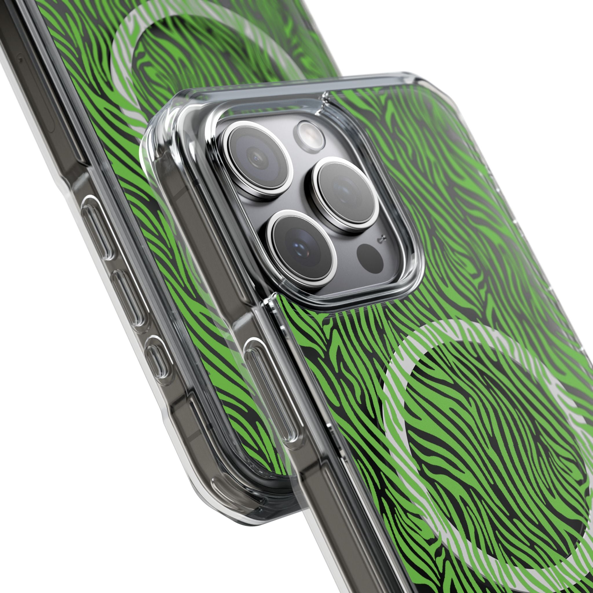 Neon Green Zebra Magnetic iPhone 14, 15, 16 Series Clear Impact Cases