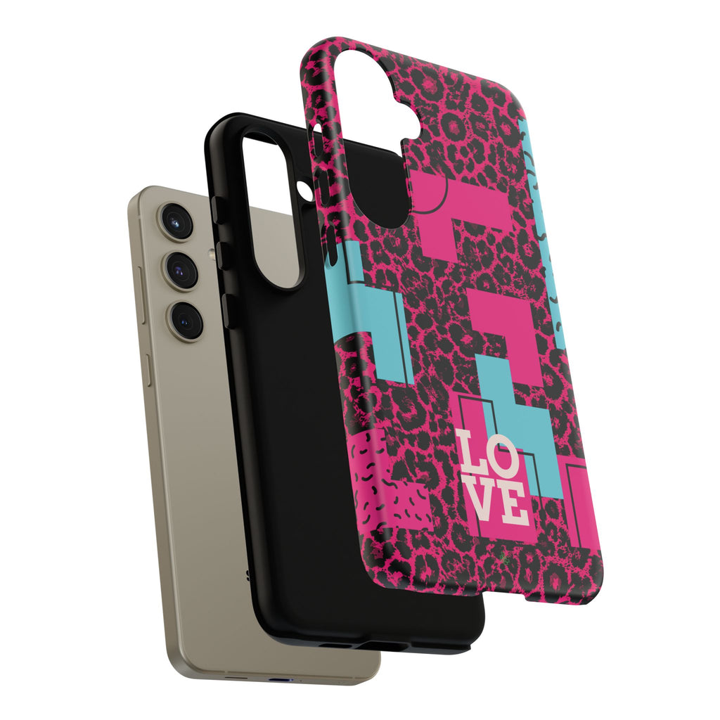 Pink Love Retro Blocks Leopard RG Tough Phone Case for iPhone, Galaxy, or Google Pixel