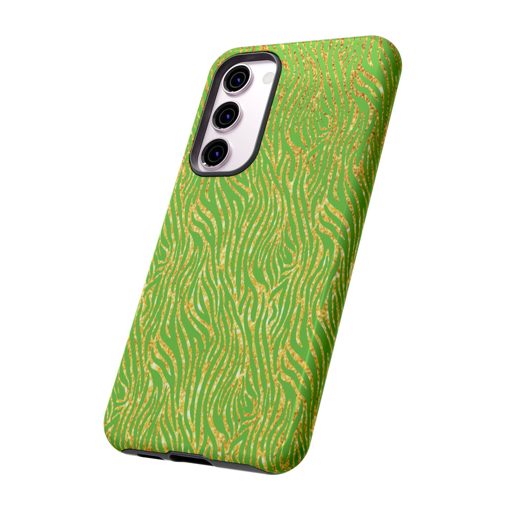 Neon Green Gold Zebra Tough Phone Case for iPhone, Galaxy, or Google Pixel