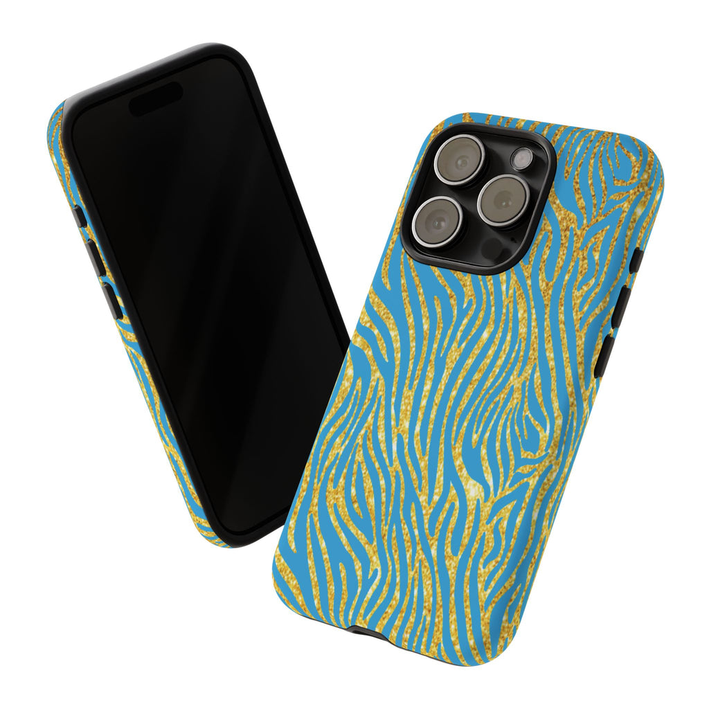 Blue Gold Zebra Tough Case for iPhone, Galaxy, or Google Pixel