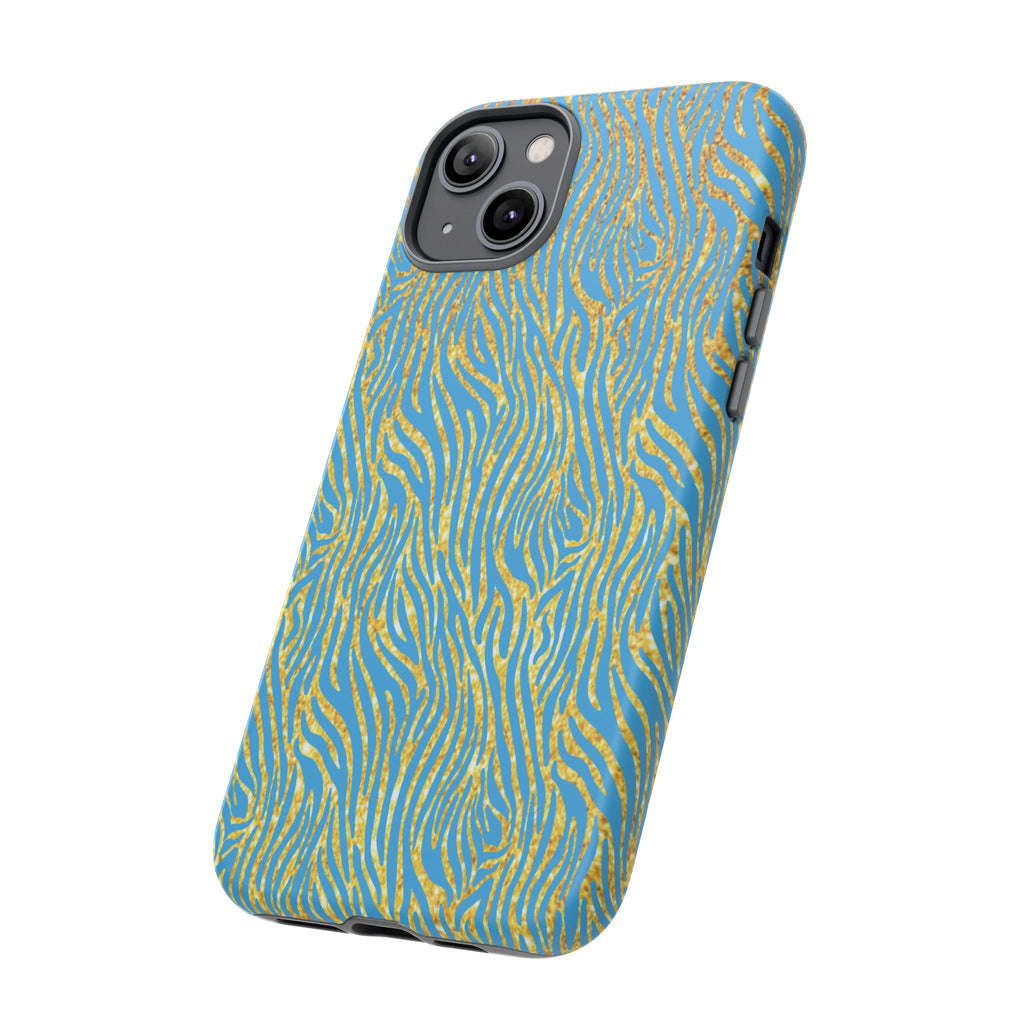 Blue Gold Zebra Tough Case for iPhone, Galaxy, or Google Pixel