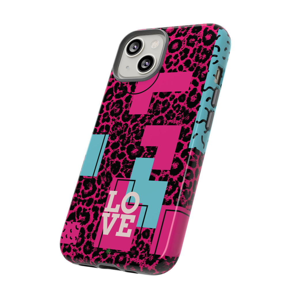Pink Love Retro Blocks Leopard RG Tough Phone Case for iPhone, Galaxy, or Google Pixel