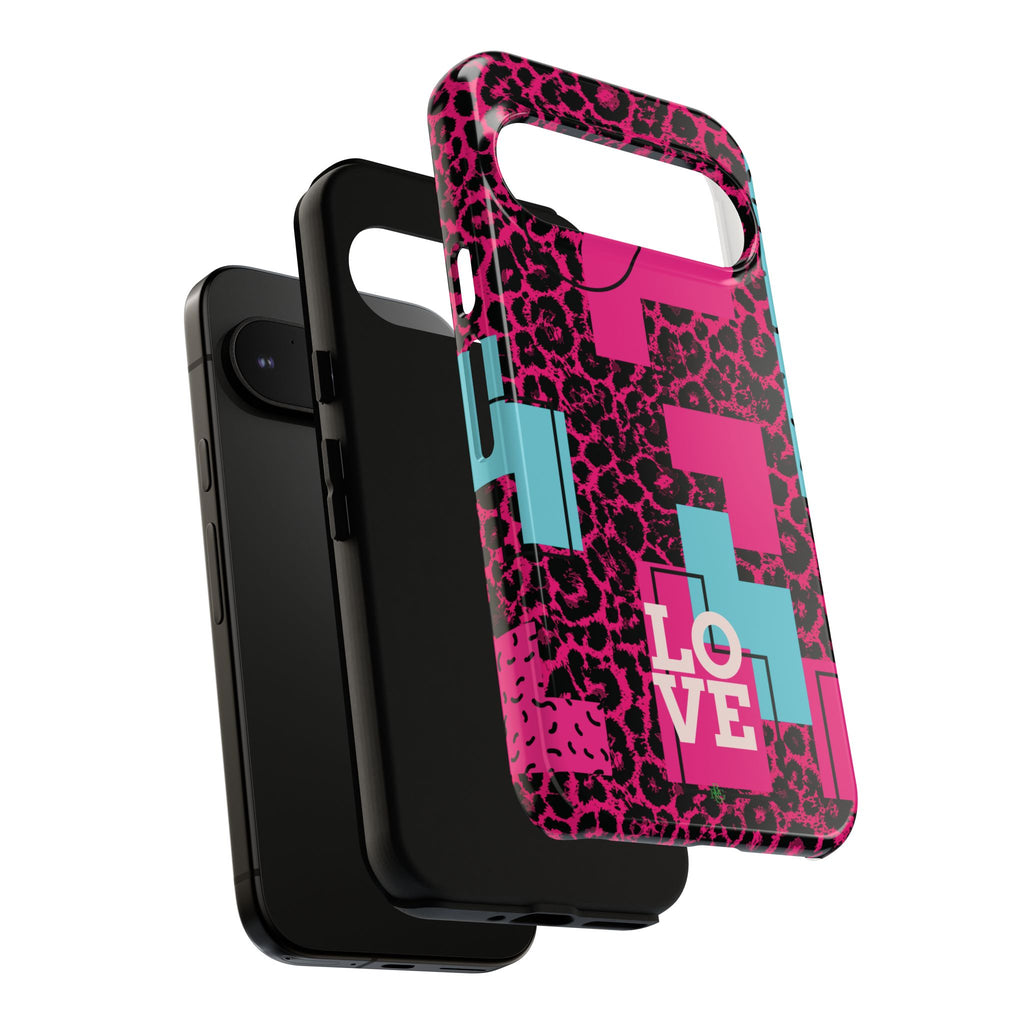 Pink Love Retro Blocks Leopard RG Tough Phone Case for iPhone, Galaxy, or Google Pixel