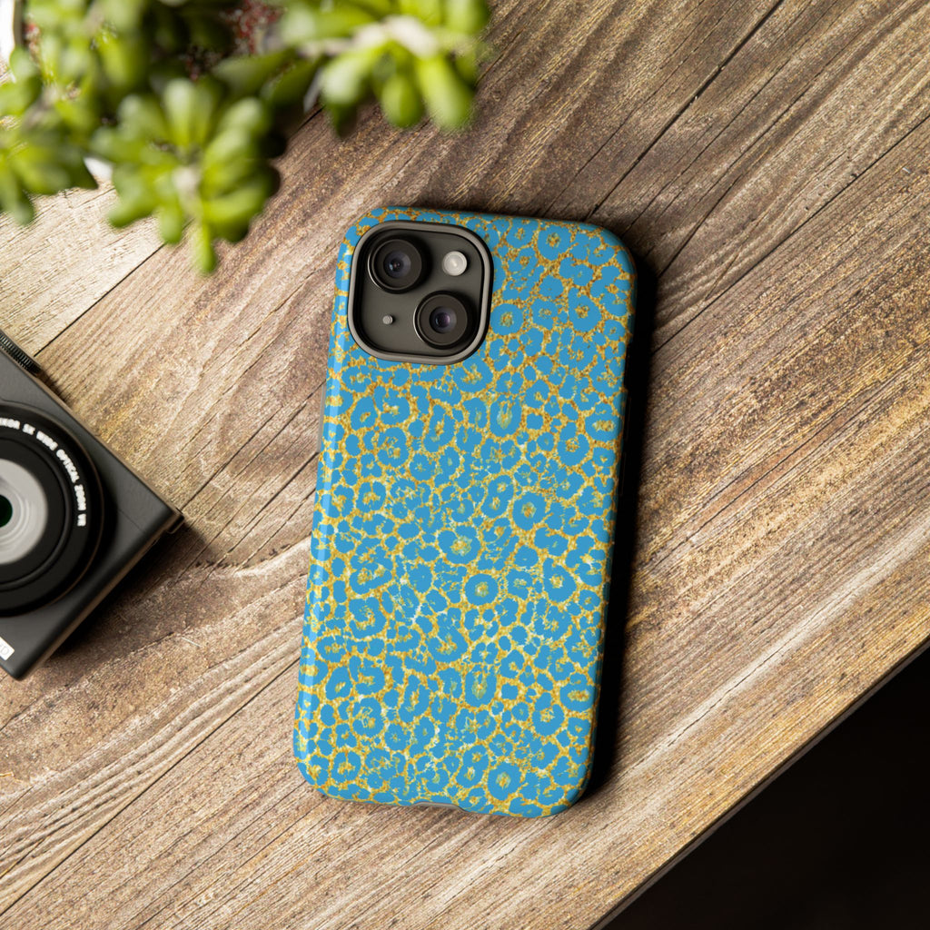 Blue Gold Leopard Tough Phone Case for iPhone, Galaxy, or Google Pixel