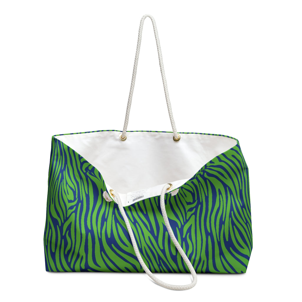 Neon Green Blue Zebra Eco Friendly Weekender Bag, Travel Tote, Beach Bag