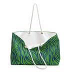 Neon Green Blue Zebra Eco Friendly Weekender Bag, Travel Tote, Beach Bag
