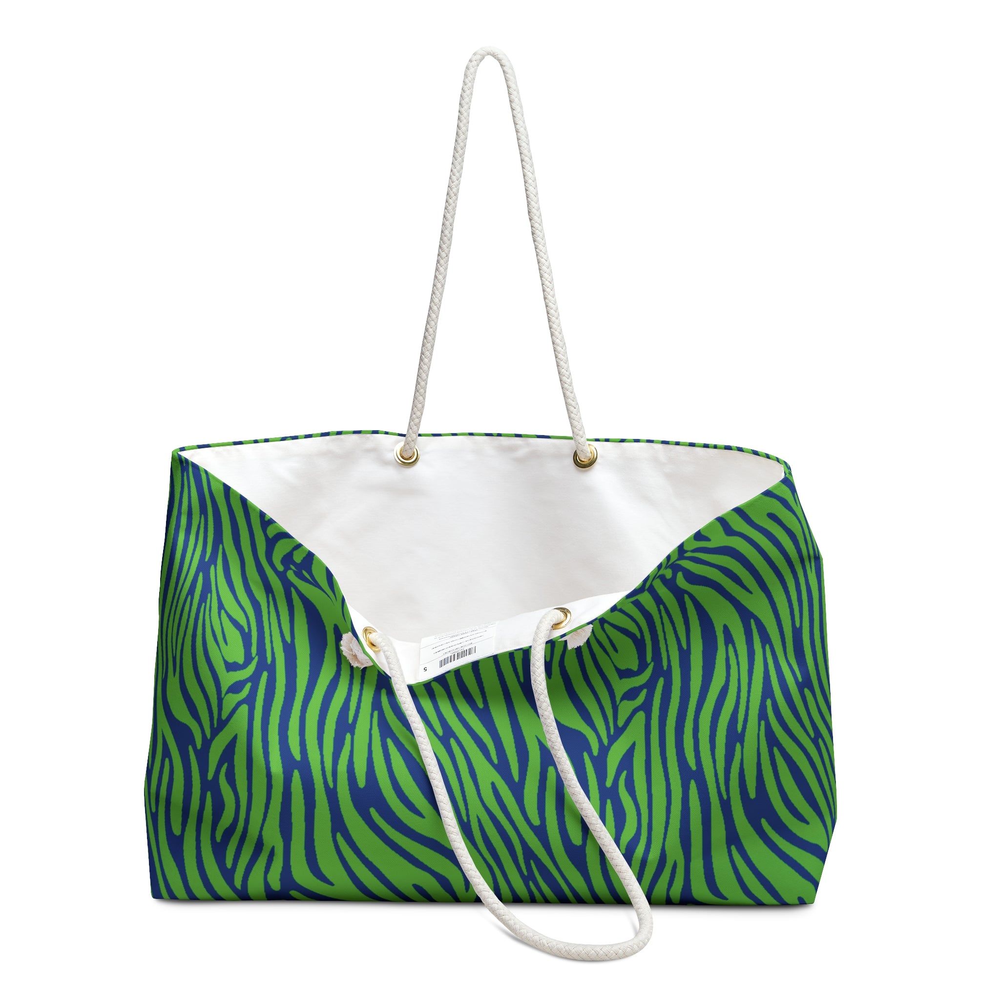 Neon Green Blue Zebra Eco Friendly Weekender Bag, Travel Tote, Beach Bag
