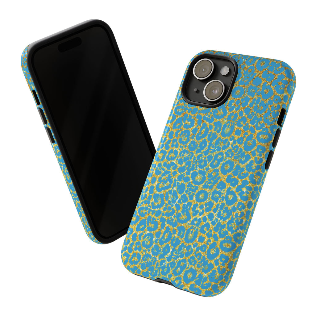 Blue Gold Leopard Tough Phone Case for iPhone, Galaxy, or Google Pixel